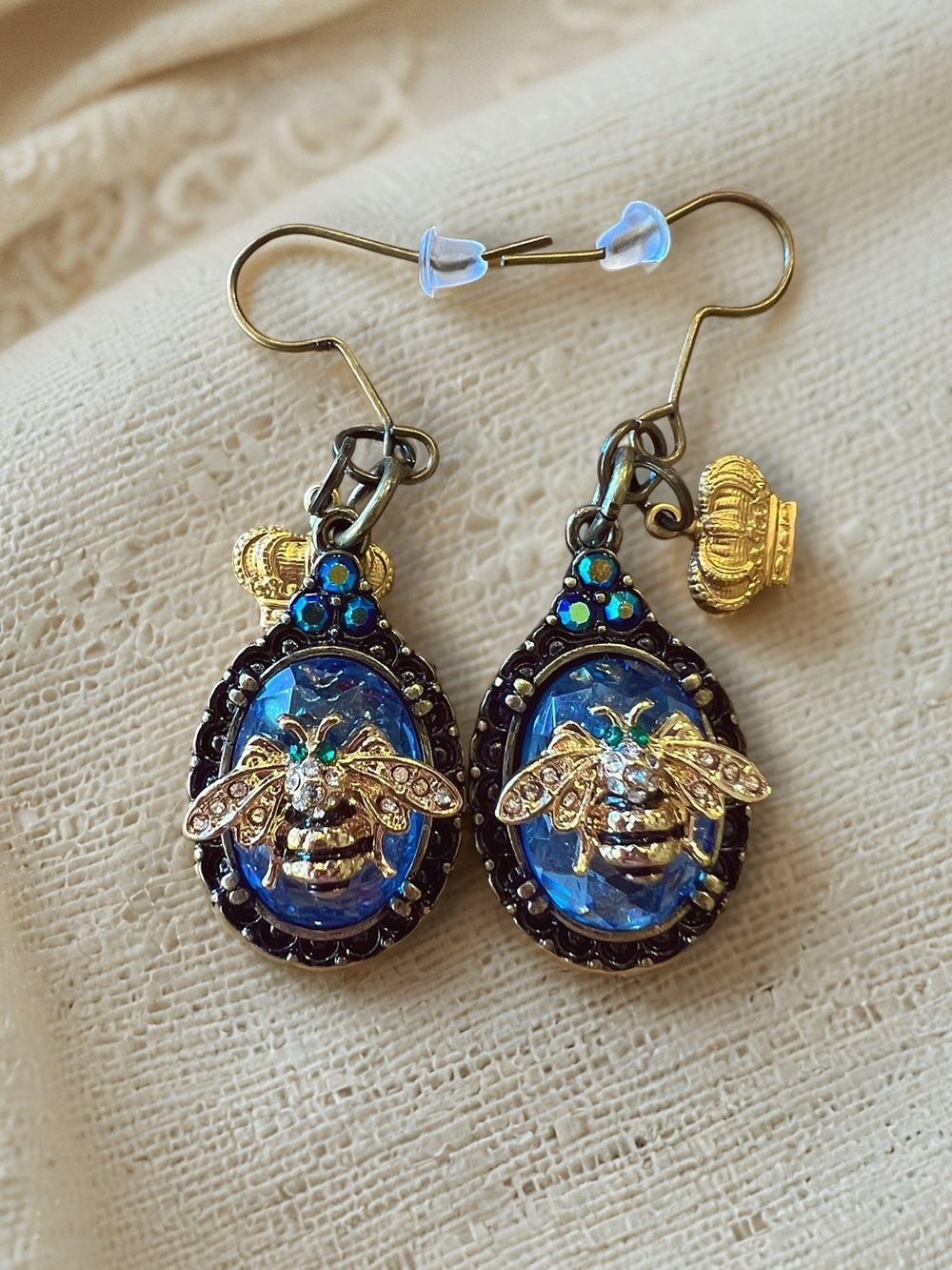 Blue and Gold Queen Bee and Crown Drop Earrings - Rhinestones Accent